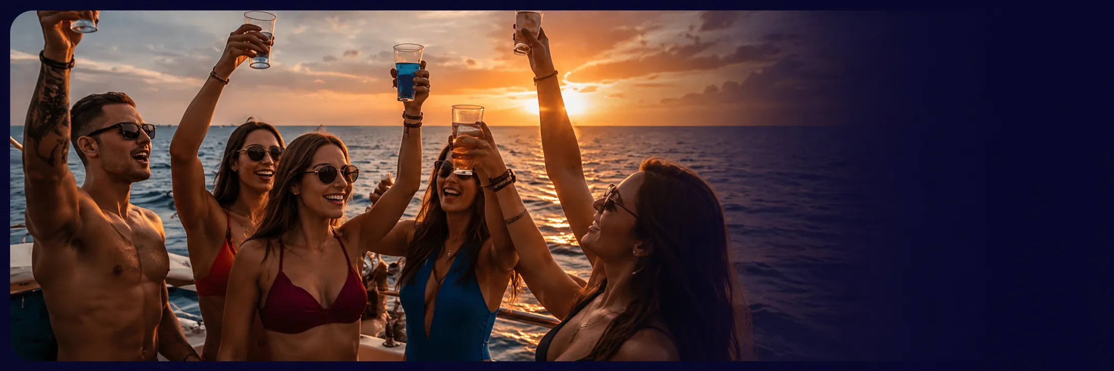 Gli ospiti che celebrano con bevande al tramonto sulla barca