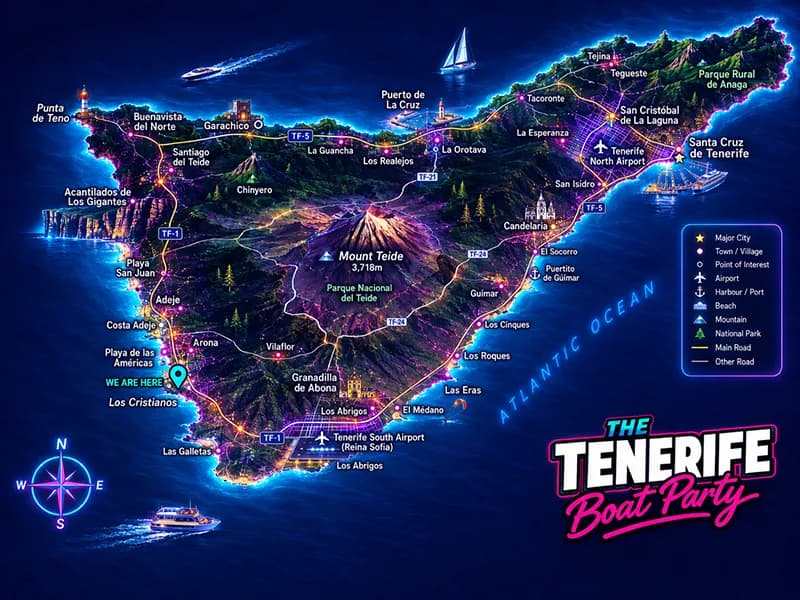La mappa di Tenerife mostra Los Cristianos, dove Il Tenerife Boat Party parte da