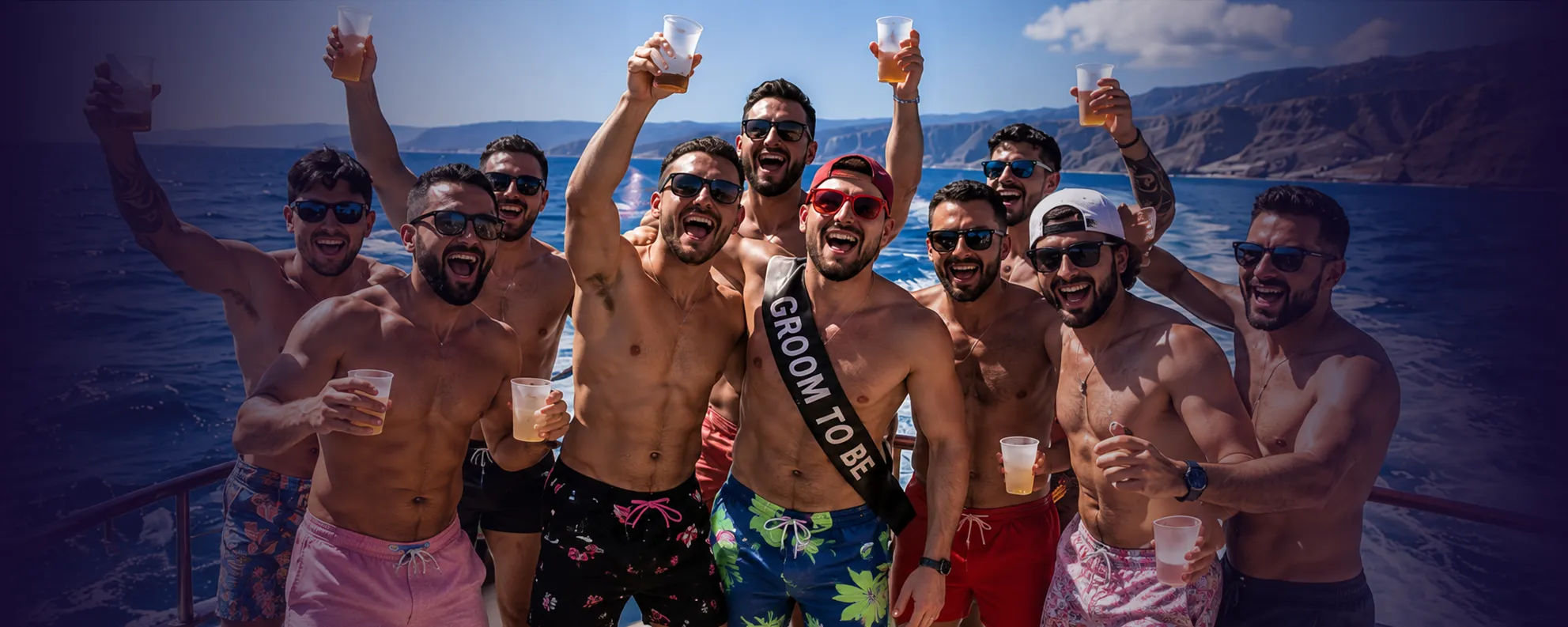Gruppo di festa Stag che celebra il The Tenerife Boat Party